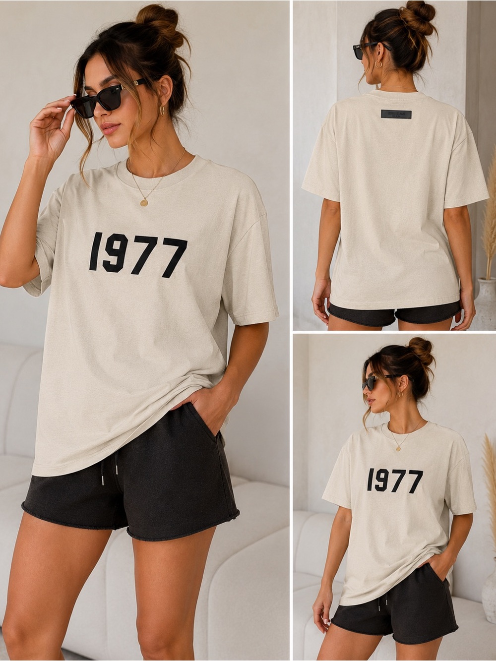 Fear of God Essentials 1977 T-Shirt Cream Black Logo Size Large L